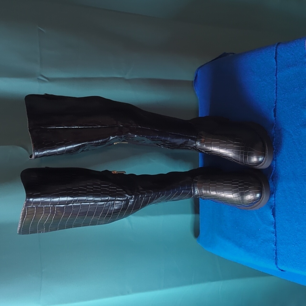 JustFab Black Croc-Embossed Knee-High Boots